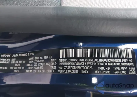 2021 Alfa Romeo Stelvio Ti Awd z USA, uszkodzony, nr VIN ZASPAKBN7M7D09923